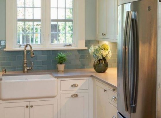 craftsman kitchen, backsplash, farmhouse sink, refrigerator